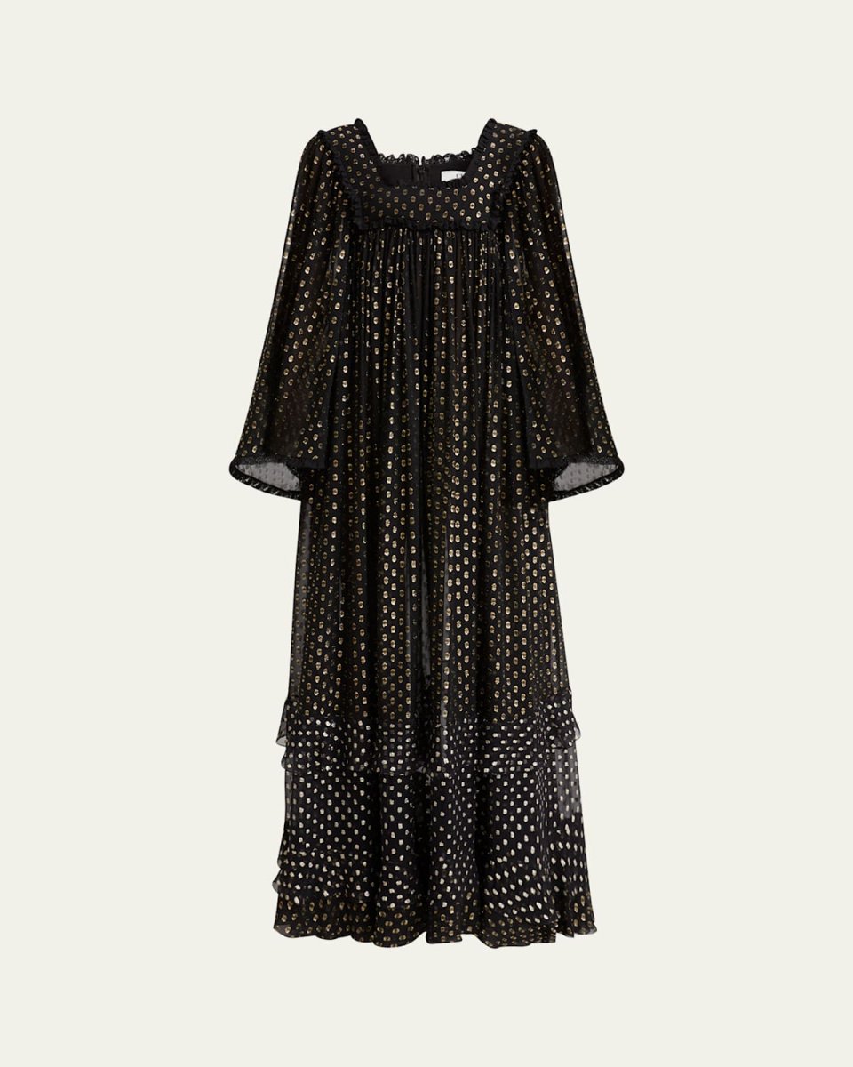 Metallic Polka-Dot Long-Sleeve Maxi Dress